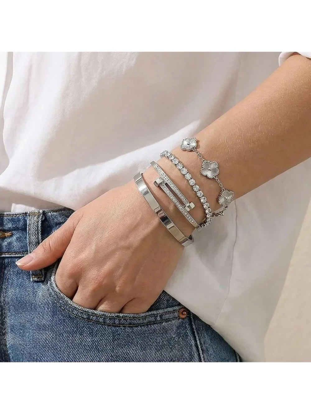 Trendy 4-Pc Silver & Gold Plated Stackable Bracelets Set - Non-Tarnish Jewelry
